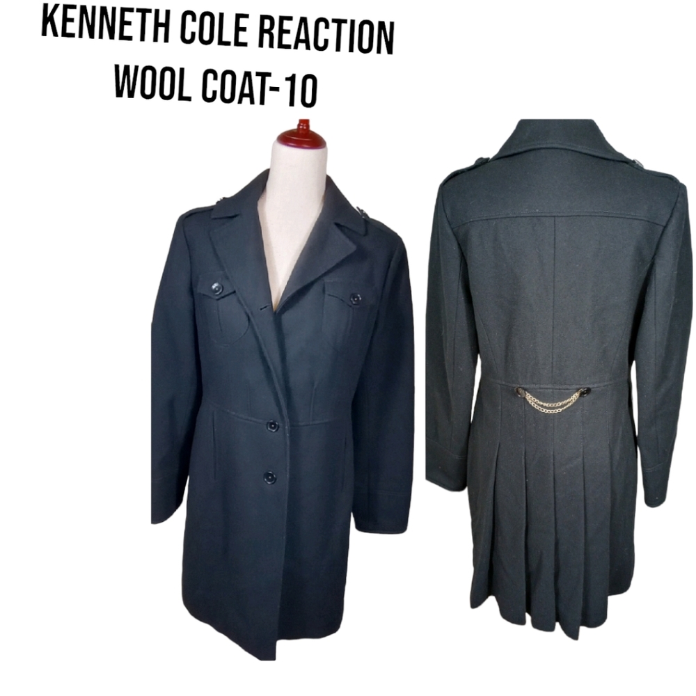 Kenneth Cole Size 10 Dark Navy Cashmere & Wool-Blend Pleated Back Chain Coat